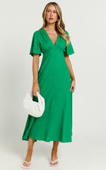 Dakota Midi Dress - Linen Flutter Sleeve A Line Dress in Green
