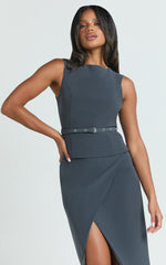 Jenni Top - Boat Neck Cut Out Belted Top in Slate Grey