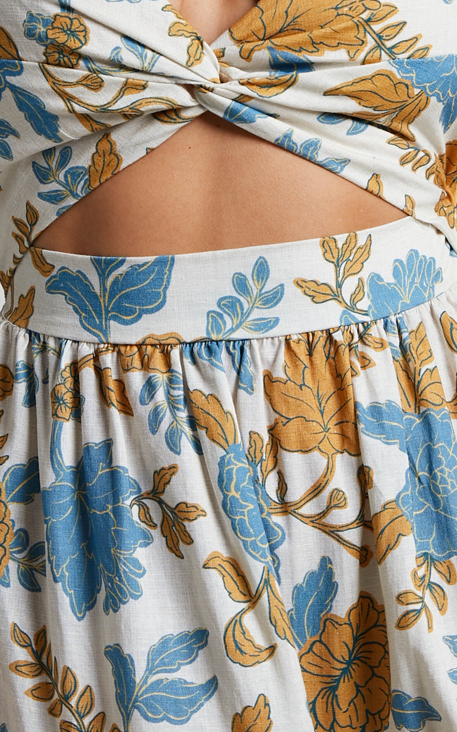 Amalie The Label - Emerita Linen Blend Sweetheart Twist Front Tie Back Midi Dress in Valencia Floral