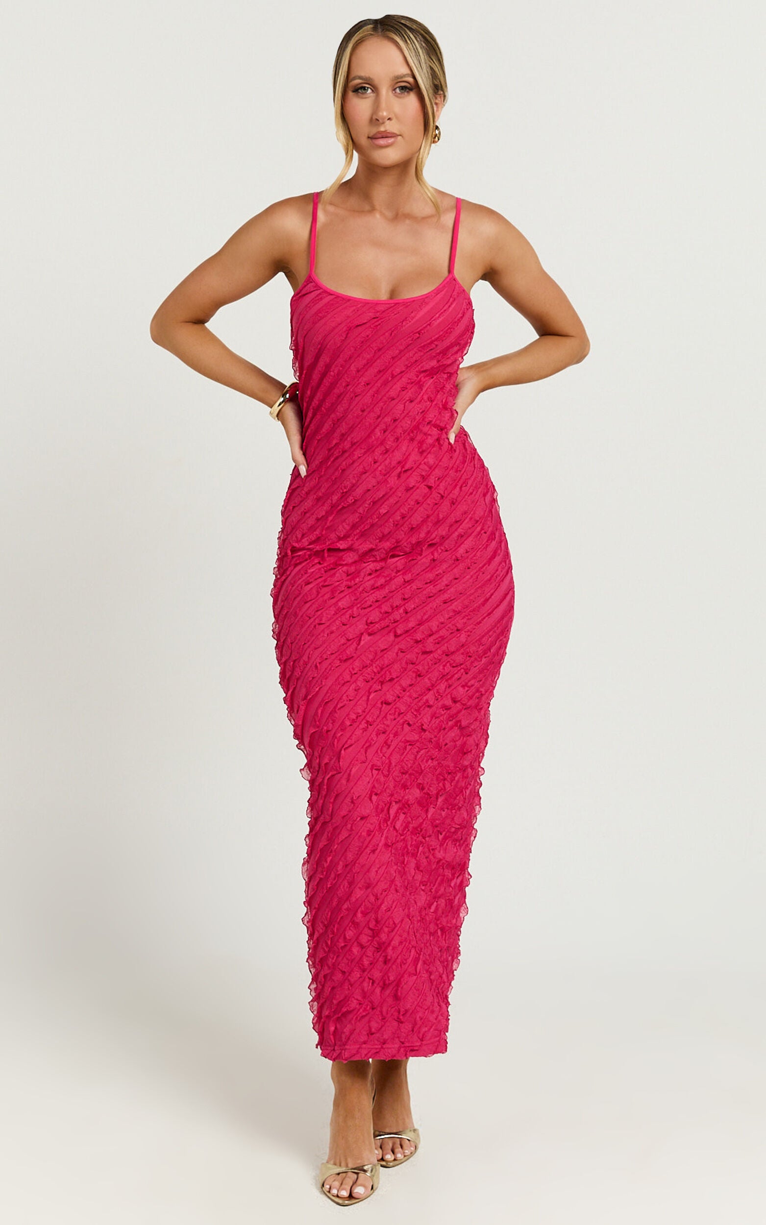 Lilibeth Midi Dress - Strappy Frill Detail Slip Dress in Pink