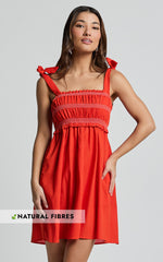 Cloe Mini Dress - Linen Tie Shoulder Shirred Dress in Red