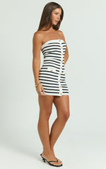 Amber Mini Dress - Strapless Knit Stripe Bodycon Dress in White/Black