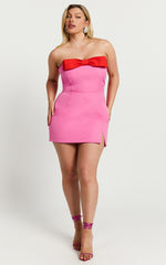 Adora Mini Dress - Strapless Bow Detail Split Dress in Frost Pink