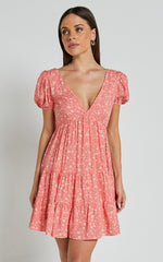 Isla Mini Dress - V Neck Tiered Dress in Coral Floral