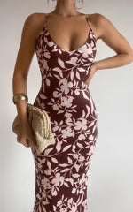 Charesse Maxi Dress - Satin Bias Cut Scoop Neck Low Back Slip Dress in Choc Floral