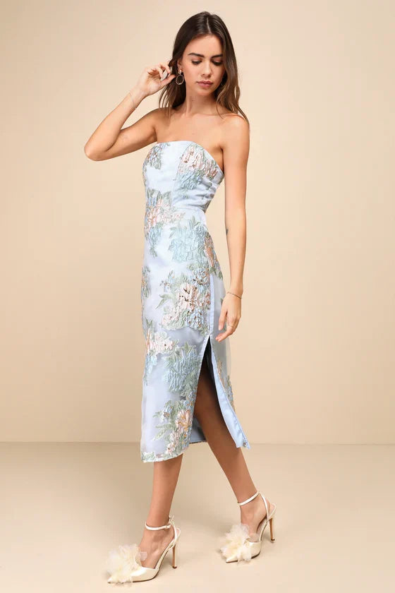 Upgraded Event Blue Jacquard Strapless Bustier Midi Dress