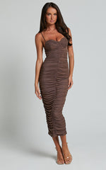 Leanor Midi Dress - Mesh Ruched Bustier Bodycon Dress in Chocolate