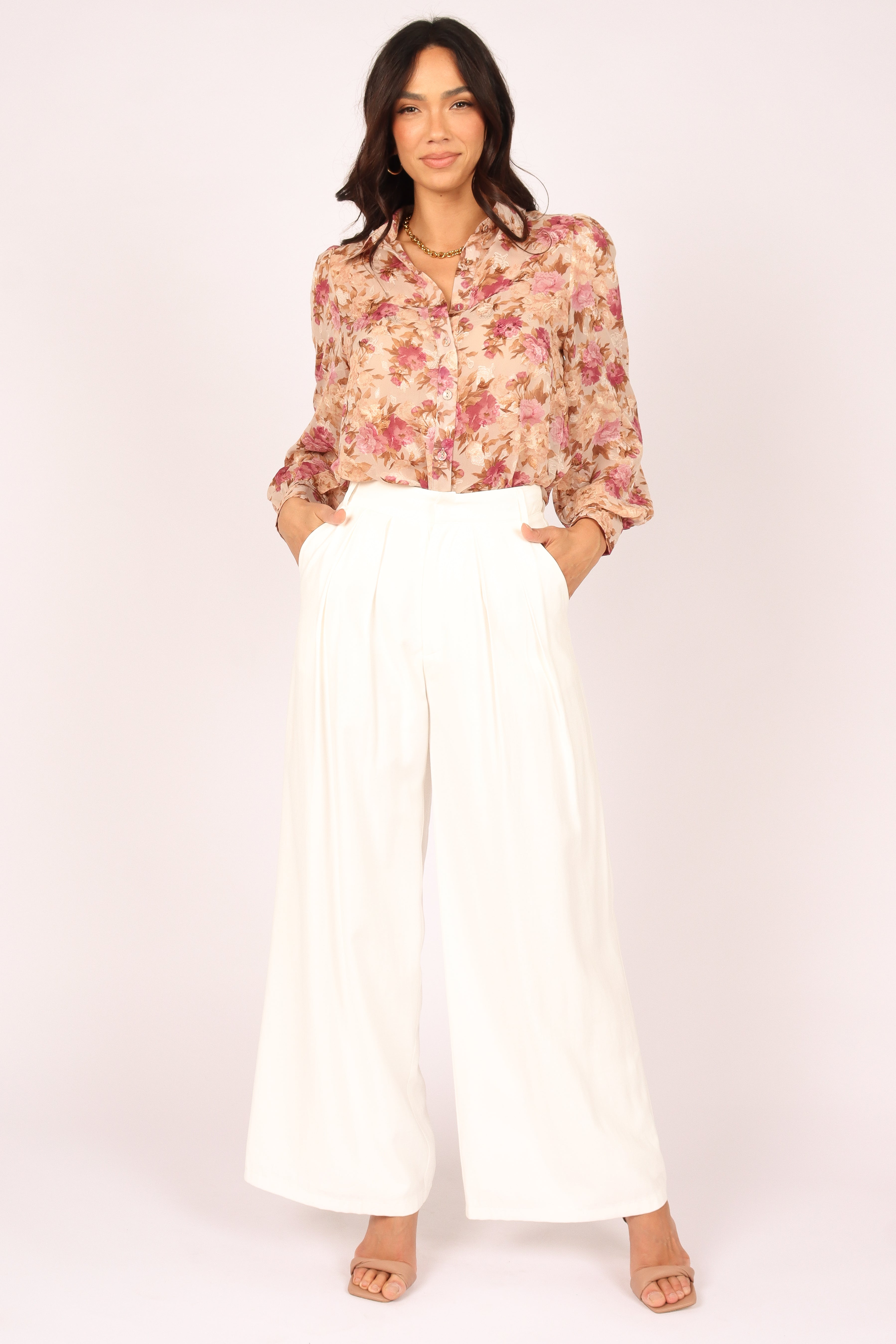 Abbey Floral Button Front Top - Beige