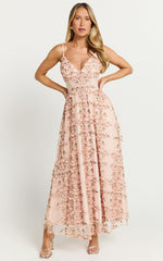 Amalie The Label - Lou V Neck Embroidered Tulle Maxi Dress in Blush