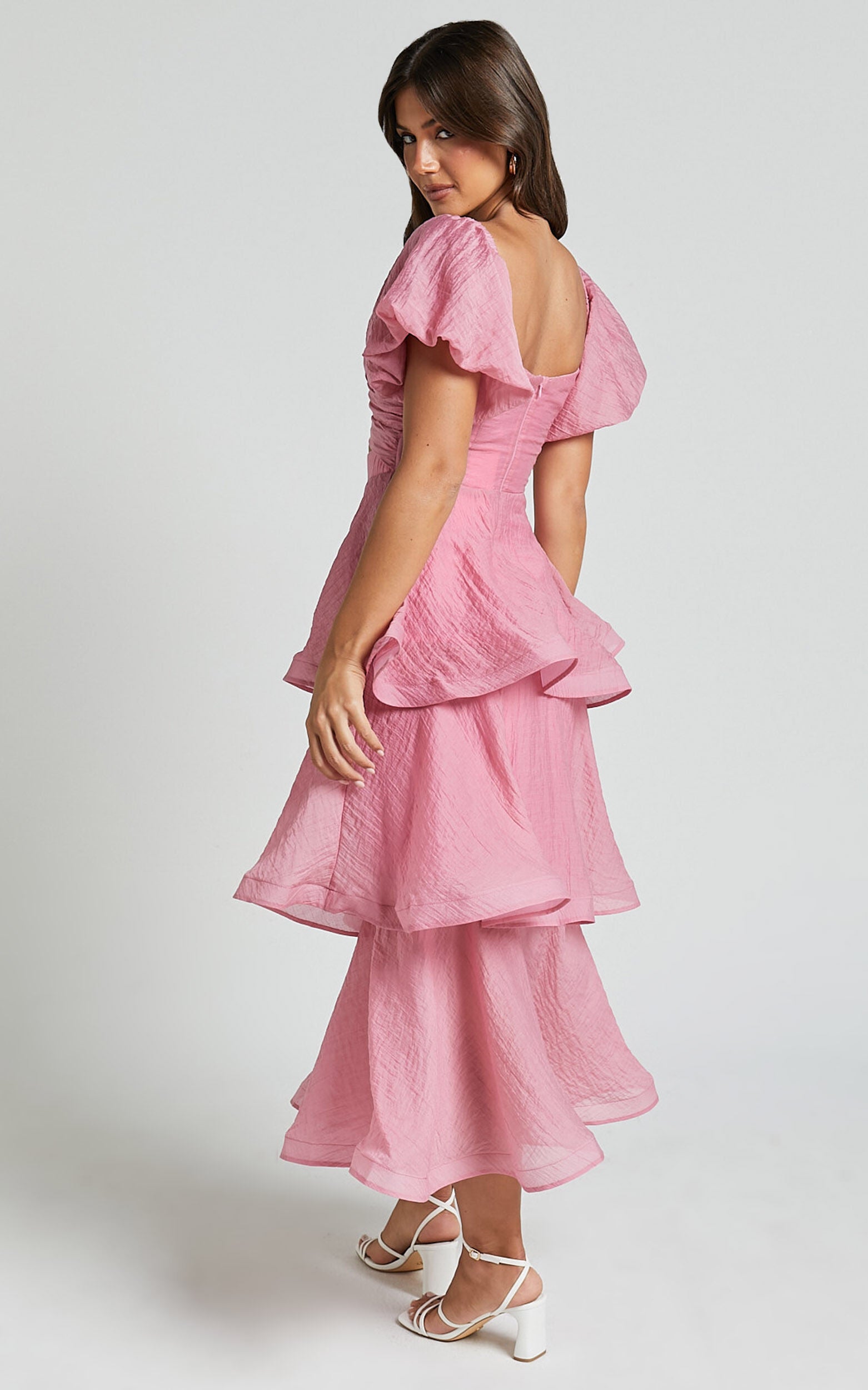 Giselle Midi Dress - Short Puff Sleeve Front Cut Out Layered Dress in Pink