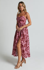 Lydie Midi Dress - Strappy Ruched Bust Shirred Back Dress in Whirlwind Floral Print