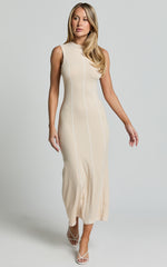 Selena Midi Dress - High Neck Sleeveless Slip Dress in Natural