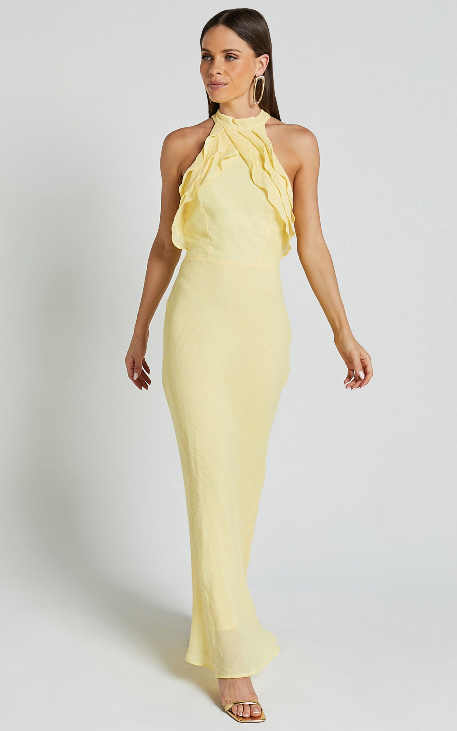 Asha Maxi Dress- High Neck Ruffle Detail Dress in Banana