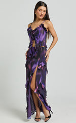 Velma Maxi Skirt - Recycled Tiered Ruffle Thigh Split Skirt in Violet Night Print