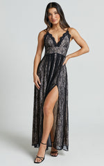 Leni Maxi Dress - Plunge Thigh Split Lace Dress in Black