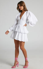 Suki Mini Dress - Plunge Neck Balloon Sleeve Tiered Ruffle Dress in White