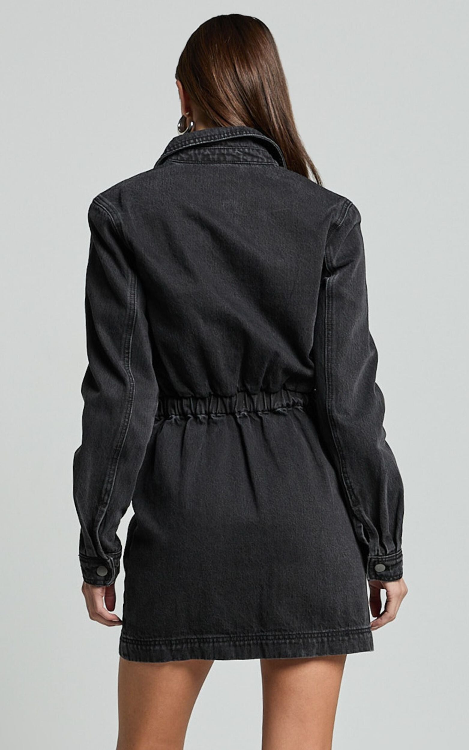 Ainsley Mini Dress - Button Through Long Sleeve Denim Dress in Washed Black