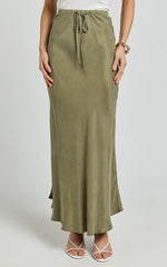 Wilhelmine Maxi Skirt - Cupro High Waisted Drawstring Slip Skirt in Moss