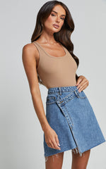 Rihanna Skirt - High Waisted Asymmetrical Denim Skirt in Mid Blue Wash