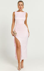 Rexa Midi Dress - Open Back Satin Midi Dress with Ruffle Detail in Pink
