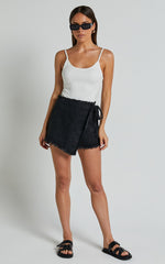 Ellyza Skort - Recycled Cotton Frayed Edge Wrap Denim Skort in Washed Black