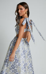 Briella Midi Dress - Adjustable Strap Side Cut Out A Line Dress in Blue
