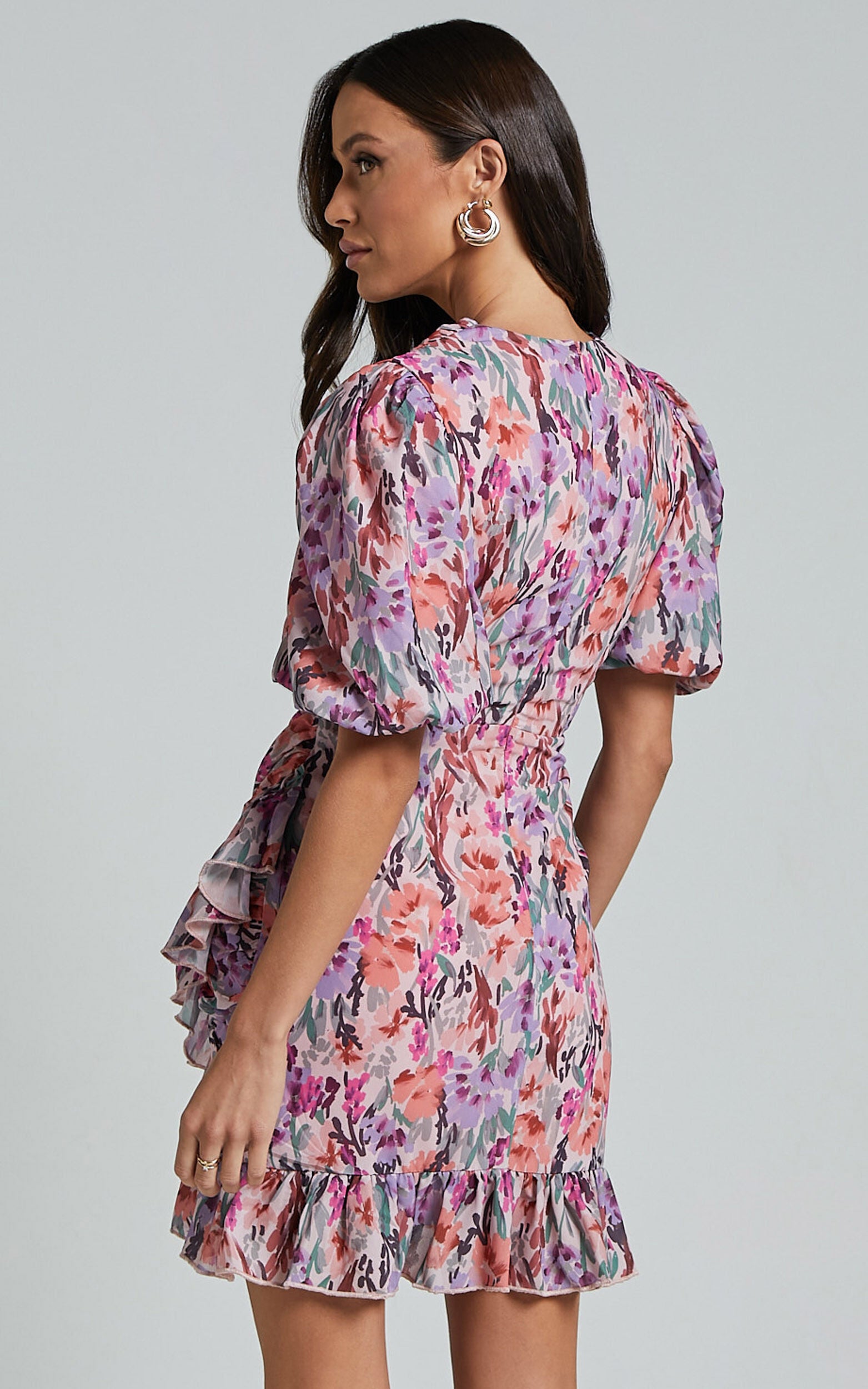 Mayslie Mini Dress - Puff Sleeve Drape Dress in Monet Floral