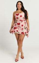 Peggy Mini Dress - Strapless Ruched Side Dress in Summer Rose Print