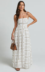 Abbey Maxi Linen Dress - Strappy Straight Neck A Line Dress in White & Brown Sun Print