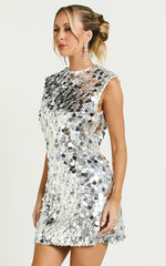 Tracy Mini Dress - Disc Sequin Shift Dress in Silver