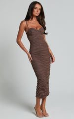 Leanor Midi Dress - Mesh Ruched Bustier Bodycon Dress in Chocolate