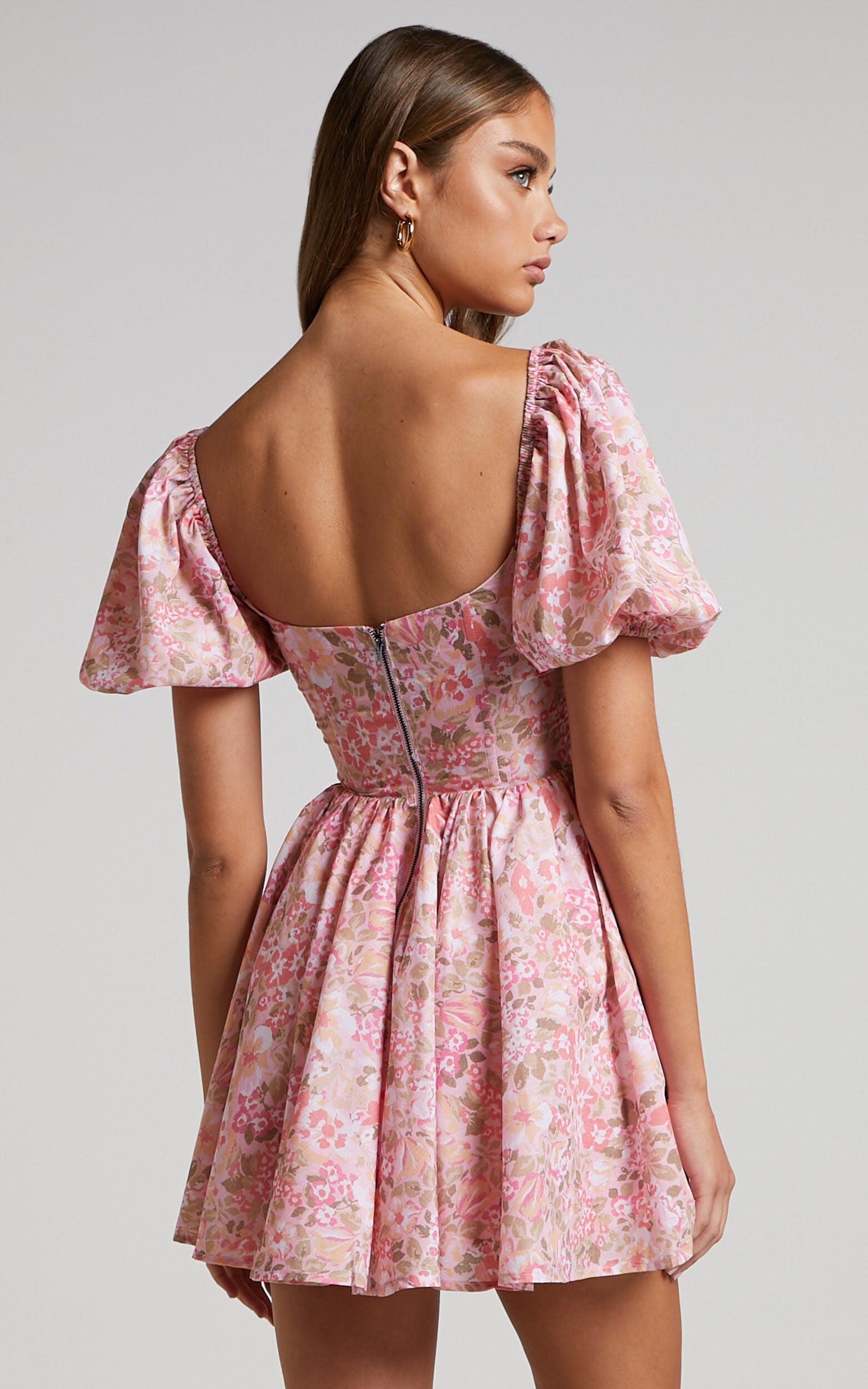 Phorchia Mini Dress - Fit and Flare Puff Sleeve Corset Dress in Fleur Print