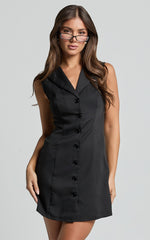 Tymia Mini Dress - Button Through Collar V Neck Dress in Black