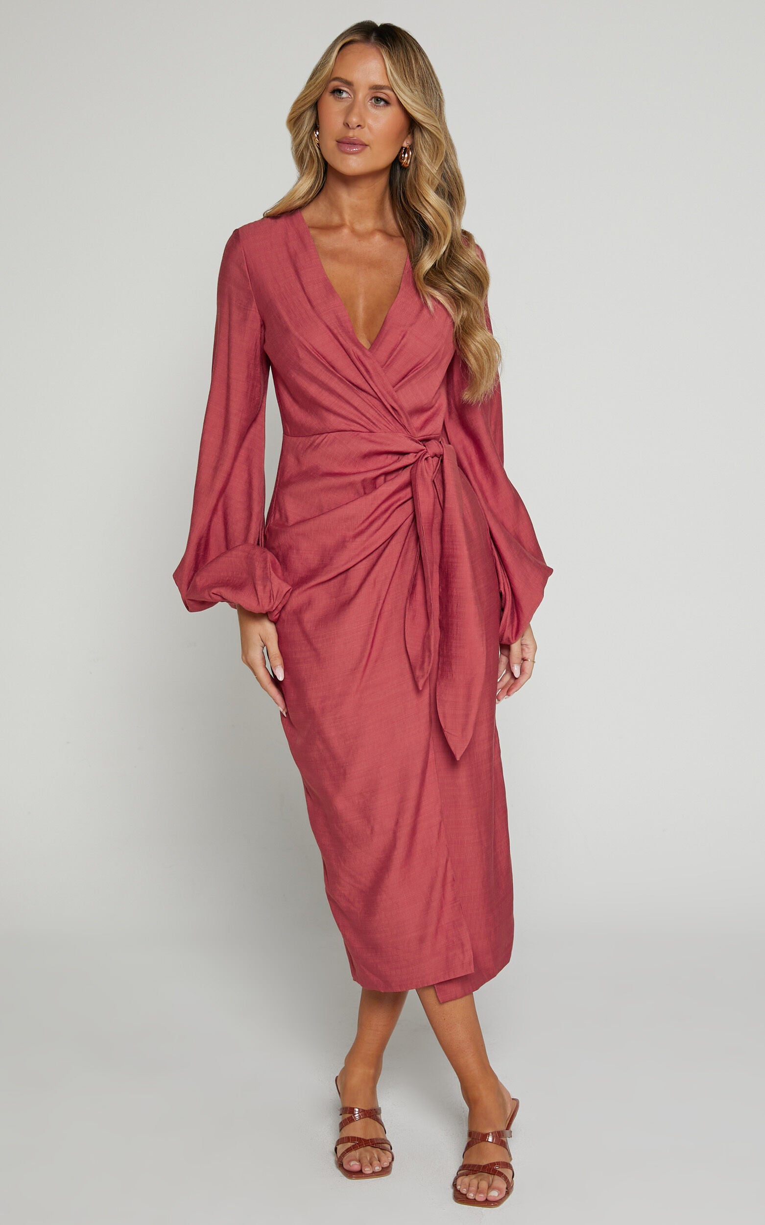Taylor Midi Dress - Long Sleeve Wrap Dress in Clay