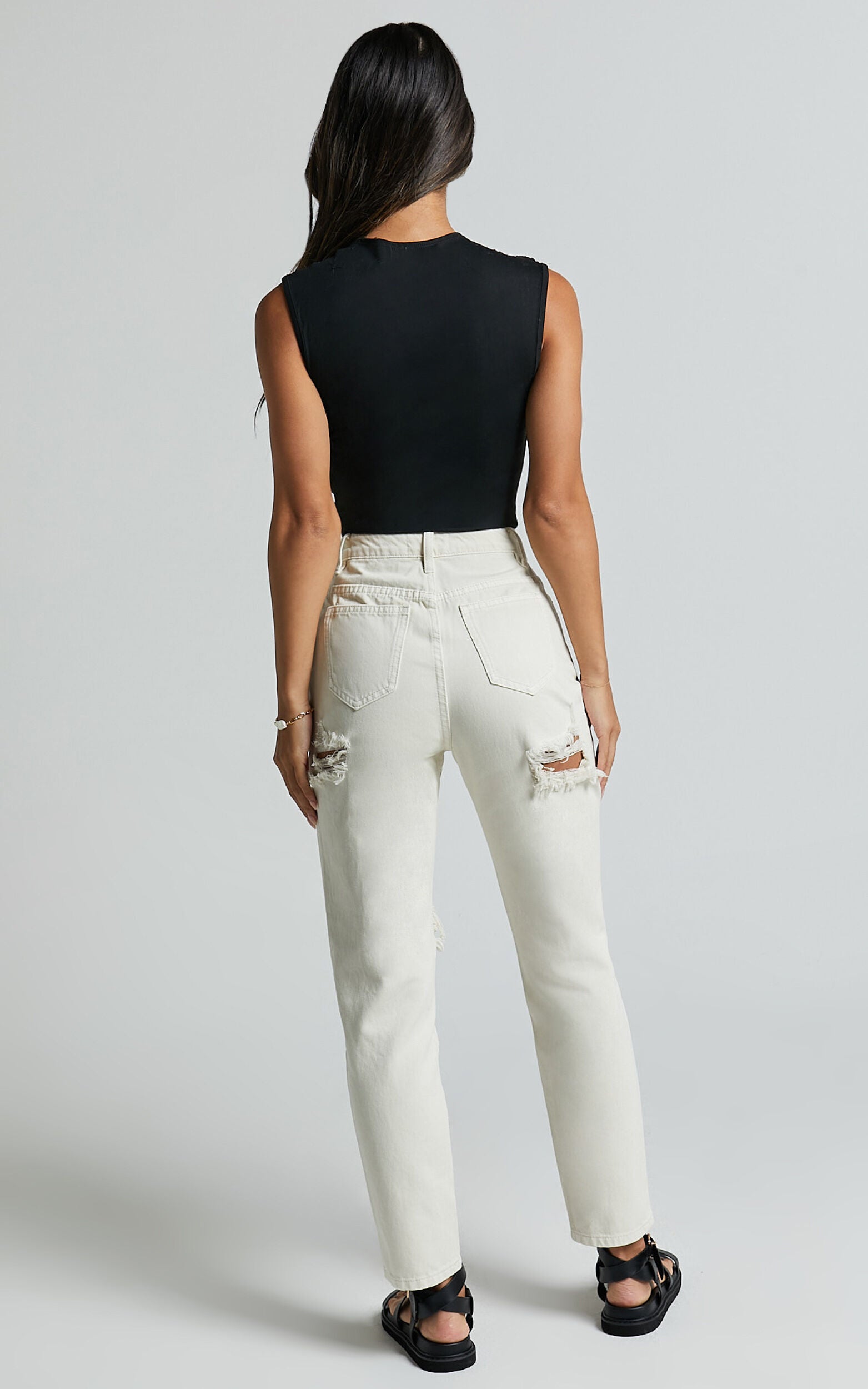 Billie Jeans - High Waisted Cotton Distressed Mom Denim Jeans in Ecru