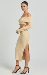 Alabama Midi Dress - Off One Shoulder Asymmetric Long Sleeve Knit Dress in Sand