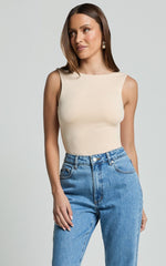 Ollie Bodysuit - Boat Neck Low Back Bodysuit in Stone