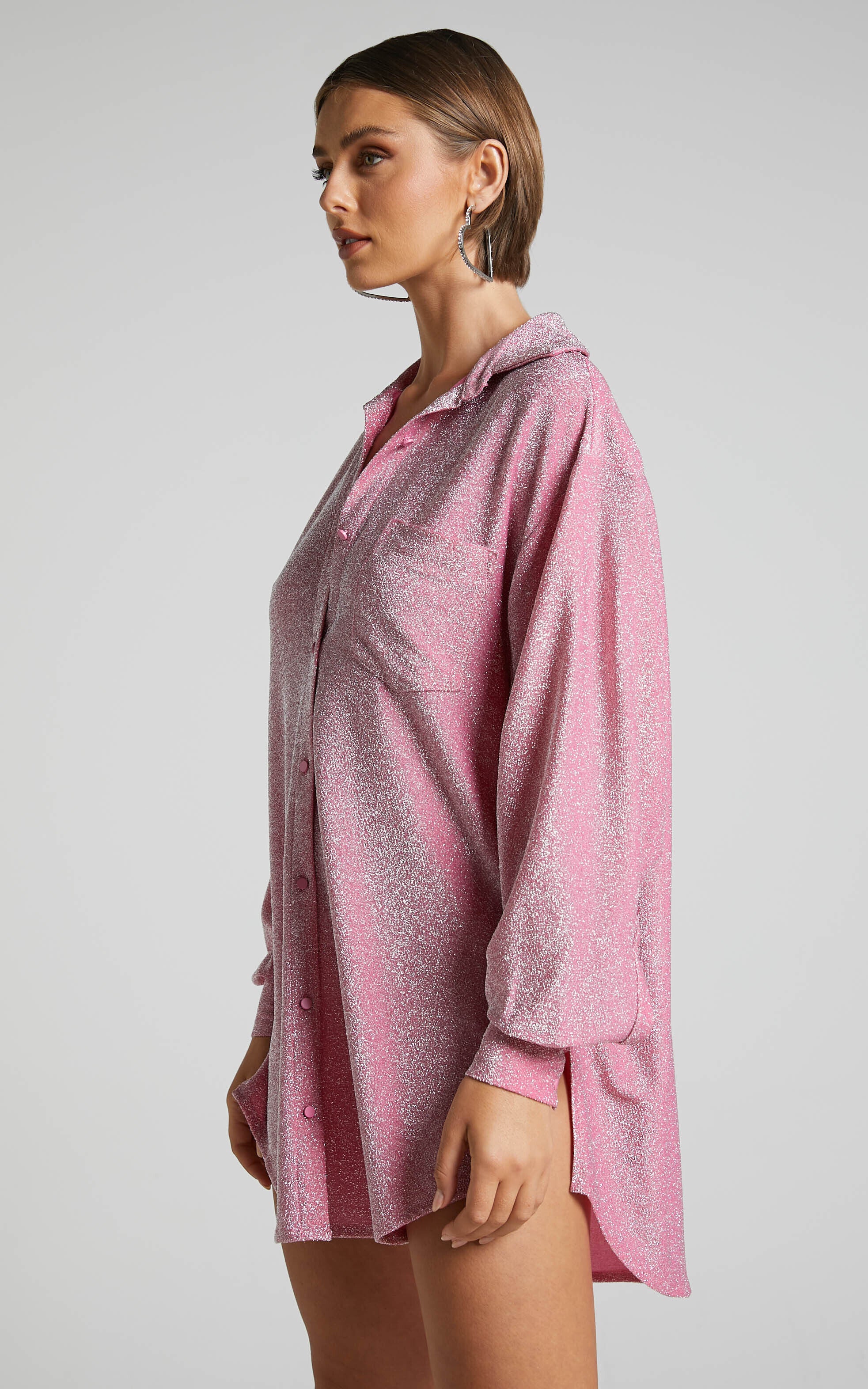 Ruri Mini Dress - Sparkly Oversized Shirt Dress in Pink