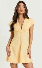 Tallulah Mini Dress - Linen V Neck A Line Dress in Lemon