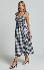 Vela Midi Dress - Strappy Tie Shoulder Elasticated Waist Dress in Black and White Gingham