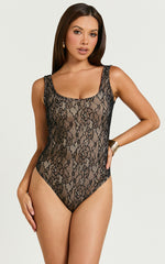 Sadie Bodysuit - Lace Scoop Neck Bodysuit in Black