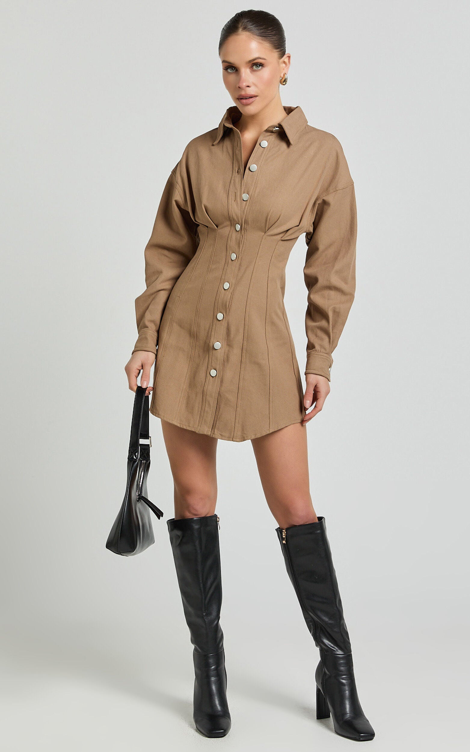 Sofia Mini Dress - Button Through Long Sleeve Dress in Mocha