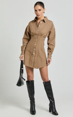 Sofia Mini Dress - Button Through Long Sleeve Dress in Mocha