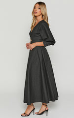Ashtina Midi Dress - V Neck Cut Out Puff Sleeve Dress in Black