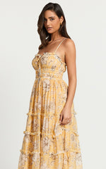 Fran Midi Dress - Ruched Tie Front Tiered Dress in Yellow Floral