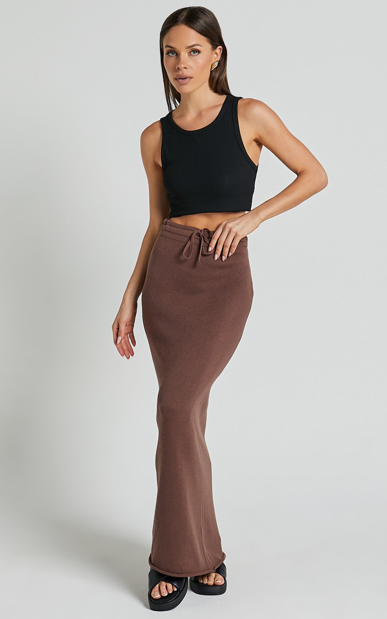Dasuri Knit Maxi Skirt - Drawstring Skirt in Chocolate