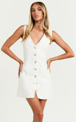 Kyla Mini Dress - V Neck Button Up Linen Vest Dress in Off White