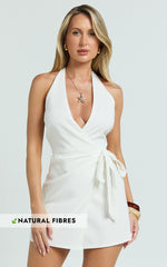 Izzy Mini Dress - Linen Halter Mini Wrap Dress in Off White