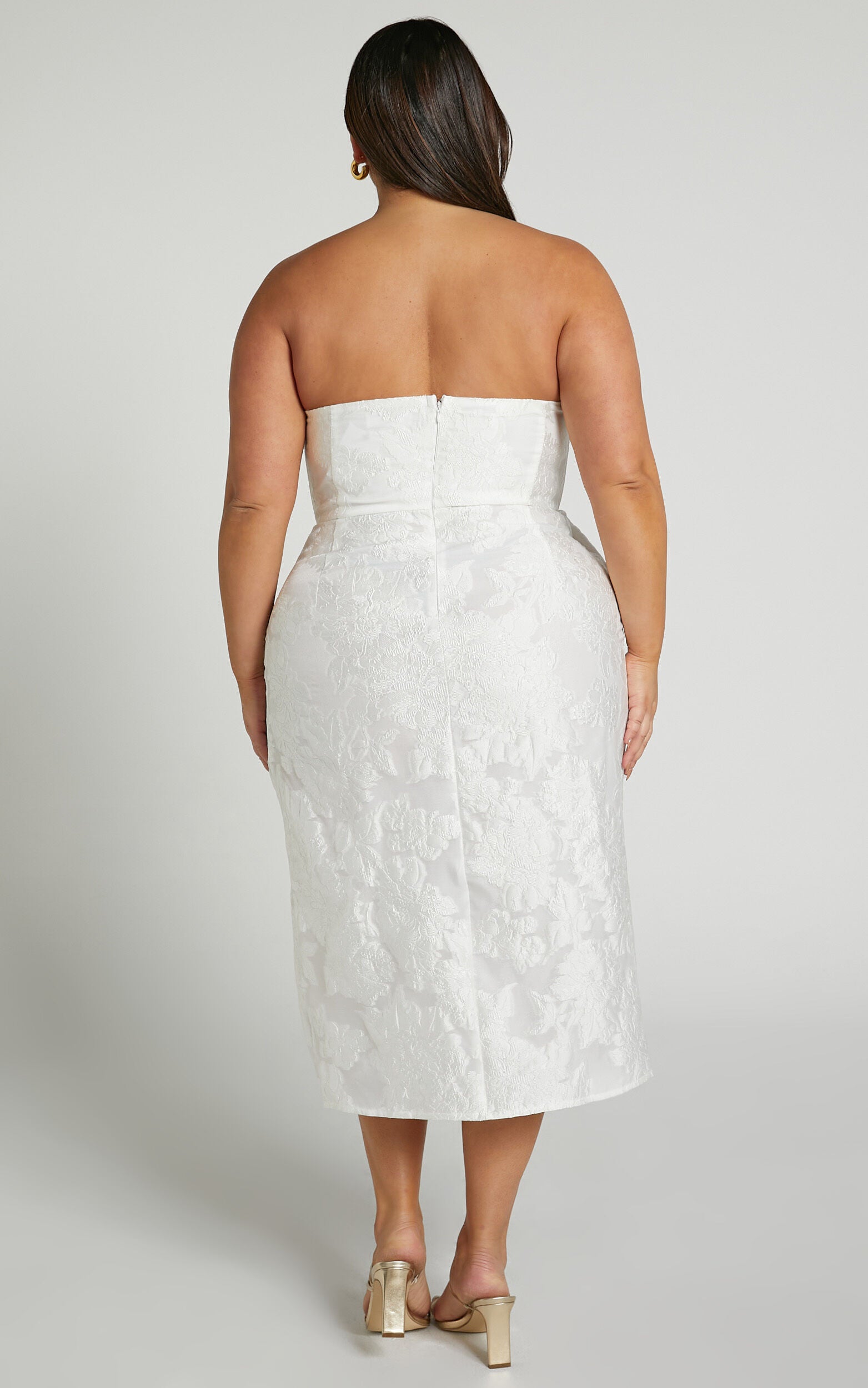 Brailey Midi Dress - Thigh Split Strapless Dress in White Jacquard