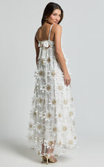 Candice Midi Dress - Straight Neck Floral Embroidery Detail Shift Dress in White